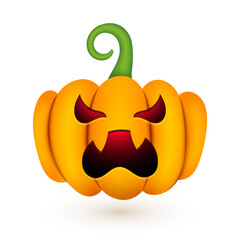 Halloween cute pumpkin. Realistic 3d pumpkin with scary evil face on white background for autumn holiday. Vector Halloween illustration for decoration, fashion print design, banner, app, advert