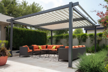 Trendy outdoor patio pergola shade structure, awning and patio roof, garden lounge, chairs, metal grill surrounded by landscaping, generative AI - obrazy, fototapety, plakaty