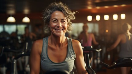 Fototapeta na wymiar middle aged woman doing a spinning class at a gym. aged woman working out exercising on a treadmill in a gym. mood fun.
