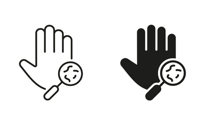 Bacteria, Germs, Microbes, Bacilli on Dirty Hands Line and Silhouette Icon Set. Magnifier and Human Hand with Virus and Bacteria Symbol Collection. Medical Research Sign. Isolated Vector illustration
