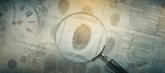 Magnifier, fingerprint, blood drops, watch, medical instrument, police form.  Background on the...