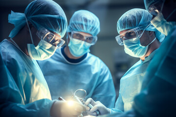 Surgeons will perform the operation. Professional doctors performing surgeries. Medical team performing a surgical operation in a bright modern operating room,  - obrazy, fototapety, plakaty