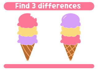 Find three differences. Cute ice cream. Worksheet for kids.