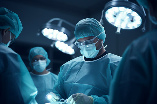 Surgeons will perform the operation. Professional doctors performing surgeries. Medical team performing a surgical operation in a bright modern operating room, 