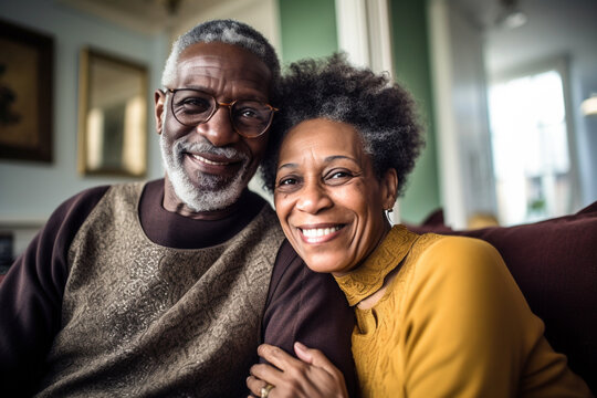 Happy black retired couple smiling at home