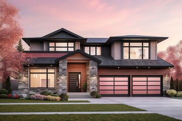 Fototapeta na wymiar Spacious Front Yard and Double Garage Accentuate Modern New Construction House with Pink Siding and Natural Stone Features, generative AI