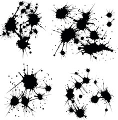 Abstract black ink splashes collection. Ink drops and splashes. Blotter spots, liquid paint drip drop splash and ink splatter. Artistic dirty grunge abstract spot vector set. Splat messy inkblot