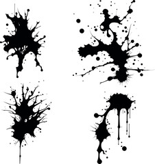 Abstract black ink splashes collection. Ink drops and splashes. Blotter spots, liquid paint drip drop splash and ink splatter. Artistic dirty grunge abstract spot vector set. Splat messy inkblot