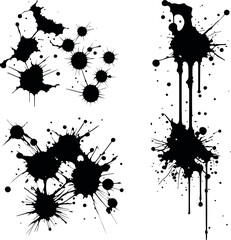 Abstract black ink splashes collection. Ink drops and splashes. Blotter spots, liquid paint drip drop splash and ink splatter. Artistic dirty grunge abstract spot vector set. Splat messy inkblot