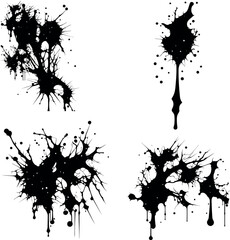 Abstract black ink splashes collection. Ink drops and splashes. Blotter spots, liquid paint drip drop splash and ink splatter. Artistic dirty grunge abstract spot vector set. Splat messy inkblot
