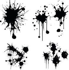 Abstract black ink splashes collection. Ink drops and splashes. Blotter spots, liquid paint drip drop splash and ink splatter. Artistic dirty grunge abstract spot vector set. Splat messy inkblot