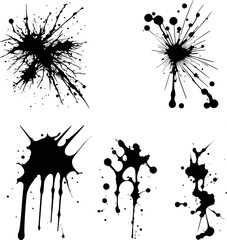 Abstract black ink splashes collection. Ink drops and splashes. Blotter spots, liquid paint drip drop splash and ink splatter. Artistic dirty grunge abstract spot vector set. Splat messy inkblot