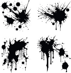 Abstract black ink splashes collection. Ink drops and splashes. Blotter spots, liquid paint drip drop splash and ink splatter. Artistic dirty grunge abstract spot vector set. Splat messy inkblot