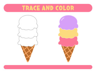 Trace and color cute ice cream. Worksheet for kids