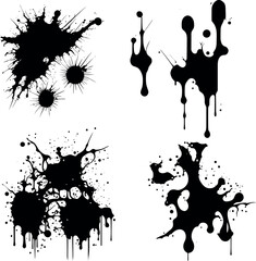 Abstract black ink splashes collection. Ink drops and splashes. Blotter spots, liquid paint drip drop splash and ink splatter. Artistic dirty grunge abstract spot vector set. Splat messy inkblot