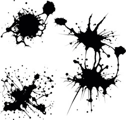 Abstract black ink splashes collection. Ink drops and splashes. Blotter spots, liquid paint drip drop splash and ink splatter. Artistic dirty grunge abstract spot vector set. Splat messy inkblot