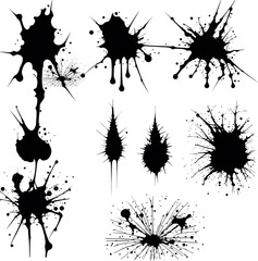 Abstract black ink splashes collection. Ink drops and splashes. Blotter spots, liquid paint drip drop splash and ink splatter. Artistic dirty grunge abstract spot vector set. Splat messy inkblot