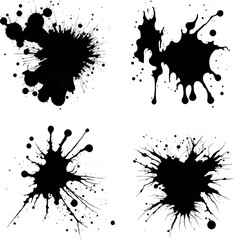 Abstract black ink splashes collection. Ink drops and splashes. Blotter spots, liquid paint drip drop splash and ink splatter. Artistic dirty grunge abstract spot vector set. Splat messy inkblot