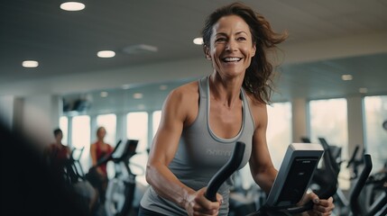 Fototapeta na wymiar middle aged woman doing a spinning class at a gym. aged woman working out exercising on a treadmill in a gym. mood fun.