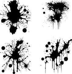 Abstract black ink splashes collection. Ink drops and splashes. Blotter spots, liquid paint drip drop splash and ink splatter. Artistic dirty grunge abstract spot vector set. Splat messy inkblot