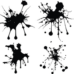Abstract black ink splashes collection. Ink drops and splashes. Blotter spots, liquid paint drip drop splash and ink splatter. Artistic dirty grunge abstract spot vector set. Splat messy inkblot