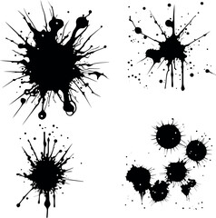 Abstract black ink splashes collection. Ink drops and splashes. Blotter spots, liquid paint drip drop splash and ink splatter. Artistic dirty grunge abstract spot vector set. Splat messy inkblot