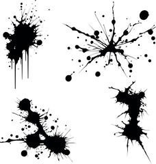 Abstract black ink splashes collection. Ink drops and splashes. Blotter spots, liquid paint drip drop splash and ink splatter. Artistic dirty grunge abstract spot vector set. Splat messy inkblot