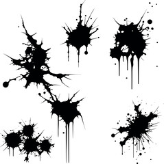 Abstract black ink splashes collection. Ink drops and splashes. Blotter spots, liquid paint drip drop splash and ink splatter. Artistic dirty grunge abstract spot vector set. Splat messy inkblot