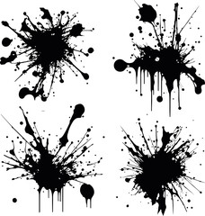 Abstract black ink splashes collection. Ink drops and splashes. Blotter spots, liquid paint drip drop splash and ink splatter. Artistic dirty grunge abstract spot vector set. Splat messy inkblot