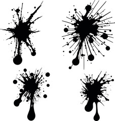 Abstract black ink splashes collection. Ink drops and splashes. Blotter spots, liquid paint drip drop splash and ink splatter. Artistic dirty grunge abstract spot vector set. Splat messy inkblot