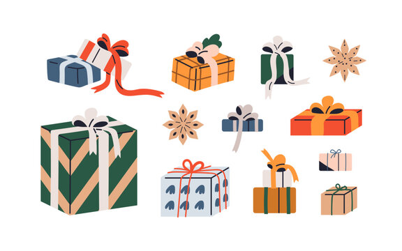 Gift Boxes Set. Holiday Presents Wrapped In Festive Paper Wrapping, Decorated With Ribbon Bows, Strings And Twines. Surprises In Giftboxes. Flat Vector Illustrations Isolated On White Background