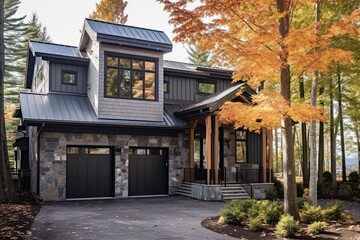 Modern Styling: Refined Fresh Development Residence with Two-Car Garage, Slate Blue Siding, and Natural Stone Walls, generative AI