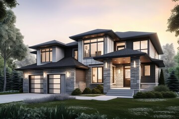 Innovative Layout & Regal Accents: A Freshly Developed Home with Two-Car Garage, Light Gray Siding & Natural Stone Details, generative AI