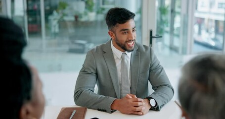 Meeting, recruitment or businessman speaking in job interview with people in b2b negotiation. Managers, discussion or person talking to hr management for hiring opportunity or onboarding in office