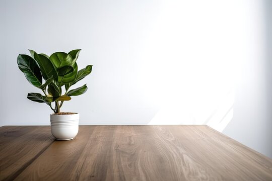 White background with an empty table including a little plant and a wooden dummy. Generative AI