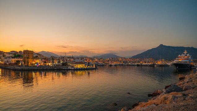 Puerto Banus marina sunset, Marbella, Spain
