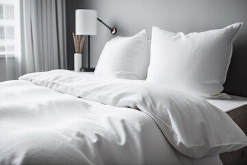Fototapeta na wymiar Up close White bed with white towel. Generative AI