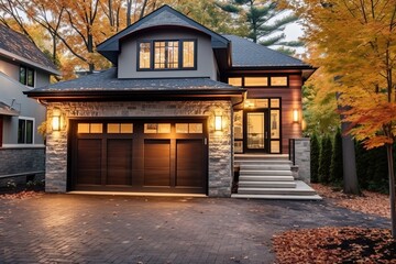 Fototapeta premium Sage Green Siding and Natural Stone Facade Enhance Serene Contemporary Property with Single Car Garage, generative AI