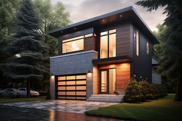 Sleek Minimalist Residence with Single Car Garage and Stylish Gray Siding featuring Natural Brick Elements, generative AI