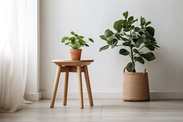 A green chair and a miniature wooden stool both have plants on them. Generative AI