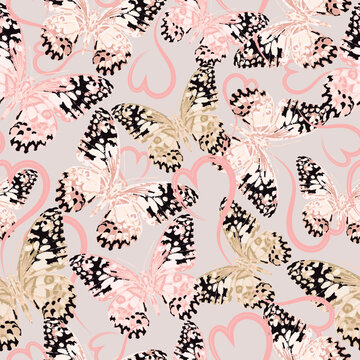 seamless floral pattern, pink butterfly hearts,