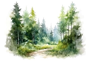 Watercolor Forest Landscape on white background Generative AI