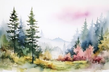 Watercolor Forest Landscape on white background Generative AI