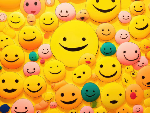 Many smiling faces on a yellow background