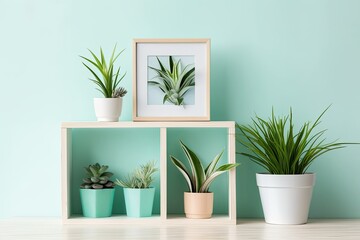 Using a mockup of a picture frame, decorate a modern space. Spider plant cuttings are displayed on a white shelf against a pastel turquoise background. Generative AI
