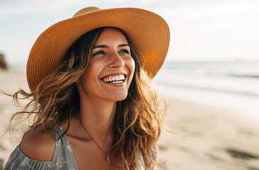 portrait of a smiling woman in a hat on a beach