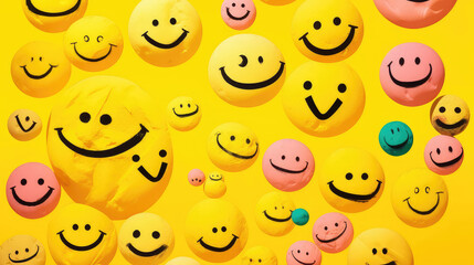 Many smiling faces on a yellow background