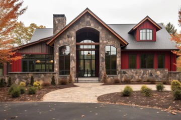 Stylish Design meets Sophisticated Charm: A Red Siding, Natural Stone Masterpiece with a Three-Car Garage, generative AI