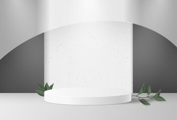 White abstract room with realistic podium and green leaves. 3D scene to showcase your product.