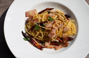 Spaghetti with bacon and chili